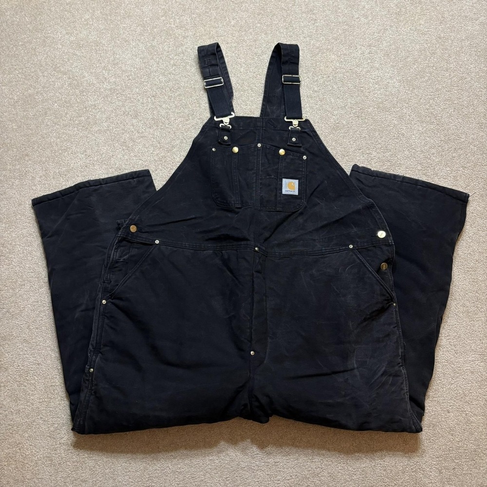 Vtg Carhartt Overalls Mens 50x30 Black Quilt Lined Double Knee Bib Work R03 BLK